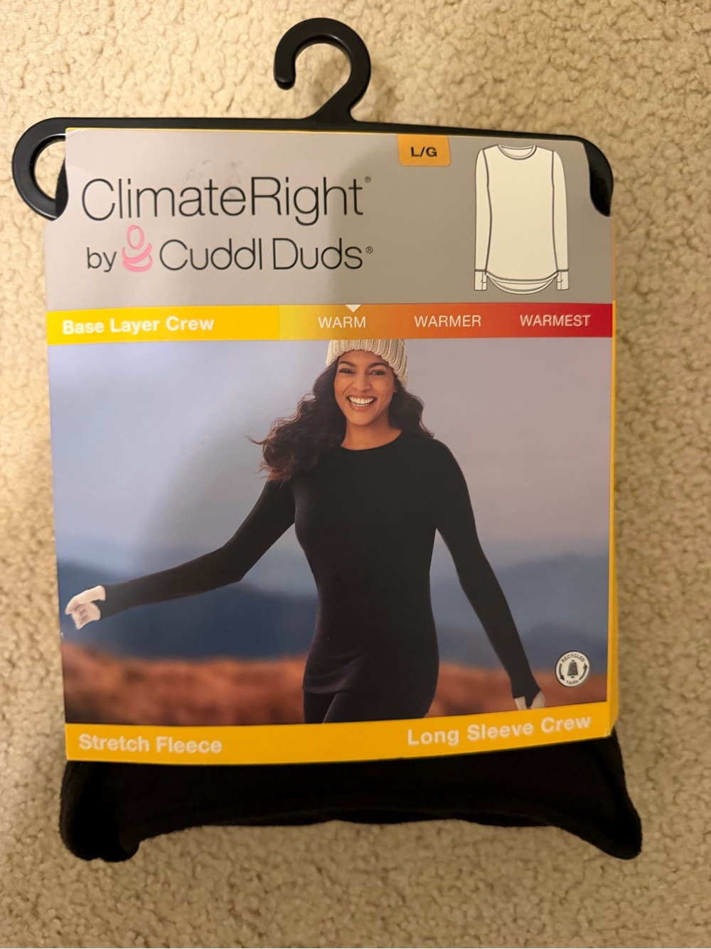 Large ClimateRight by Cuddl Duds Women's Long Sleeve Crew Warm Black Fleece